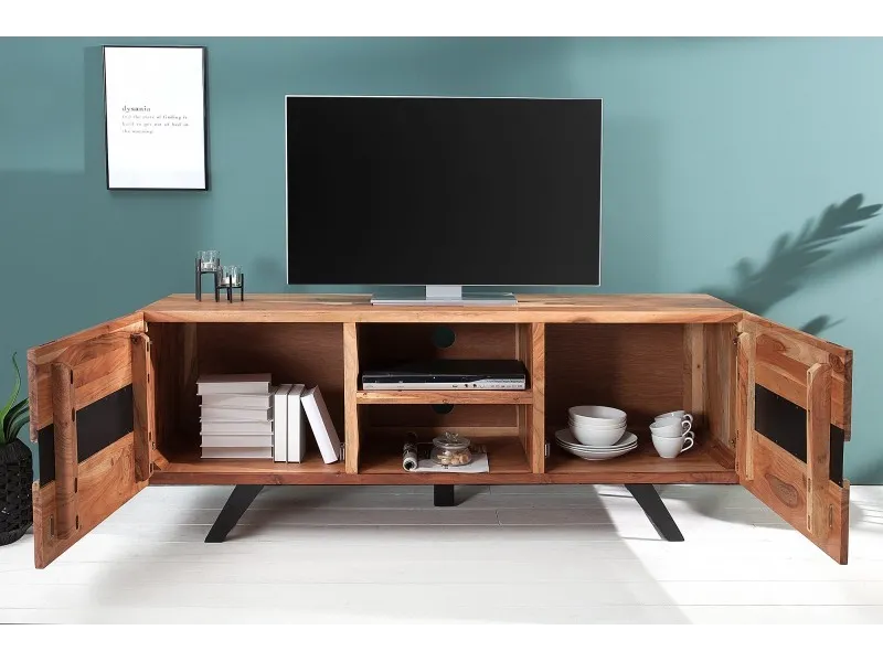 Meuble TV "Amazonas" en Acacia Massif - 160 cm à 2 portes et 2 niches