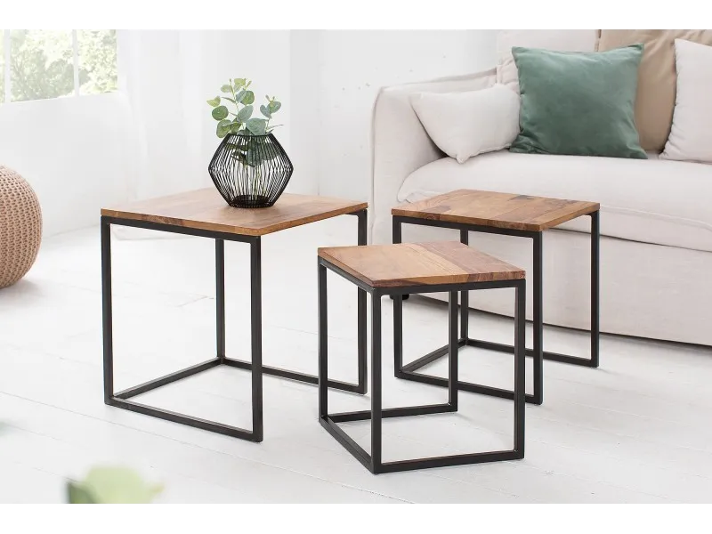 Lot de 3 tables à manger moderne en bois massif et métal coloris naturel et noir