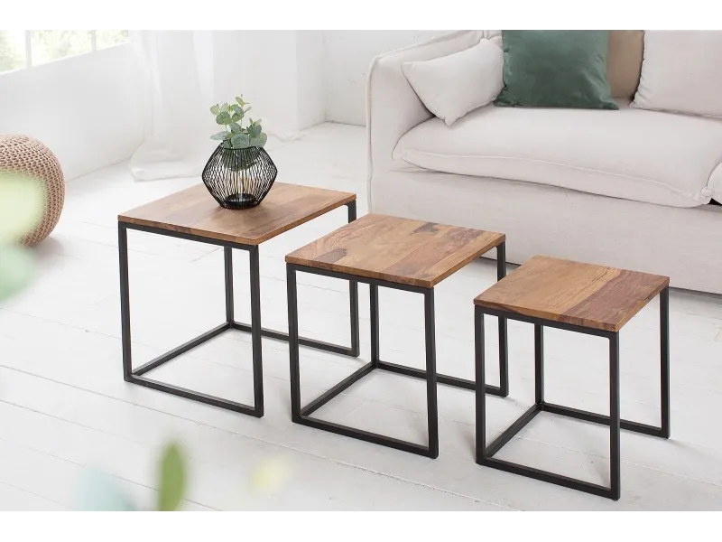 Lot de 3 tables à manger moderne en bois massif et métal coloris naturel et noir
