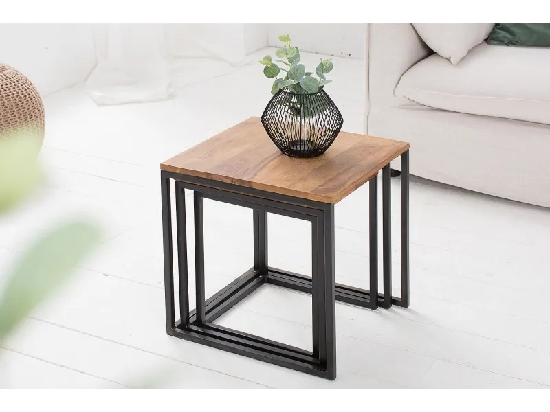 Lot de 3 tables à manger moderne en bois massif et métal coloris naturel et noir