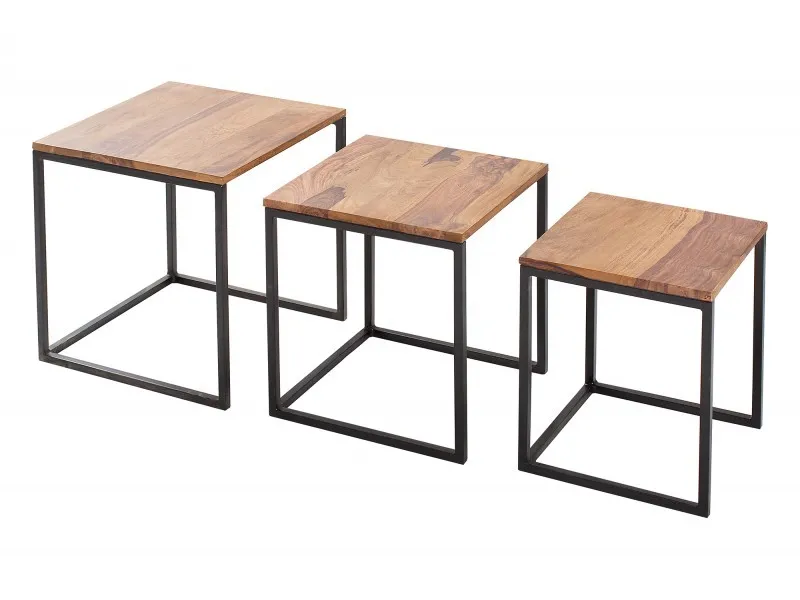 Lot de 3 tables à manger moderne en bois massif et métal coloris naturel et noir