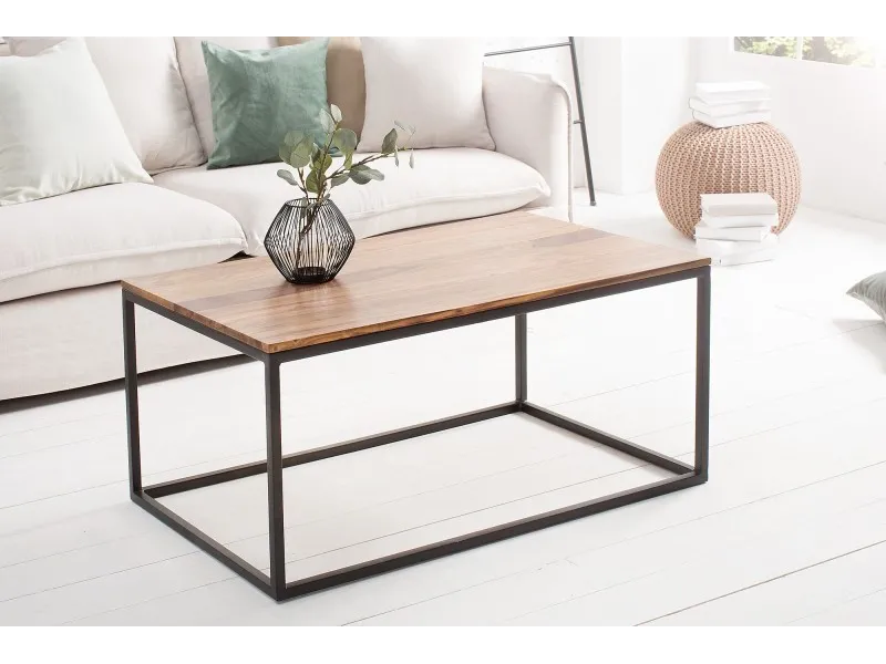 Table de salon contemporaine de 100cm en bois massif et métal coloris naturel et noir