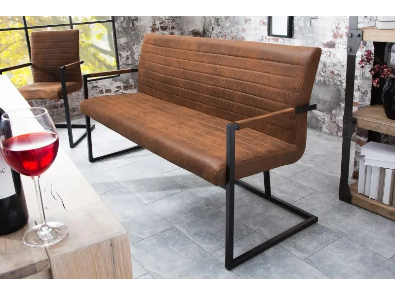 Banc design rembourré coloris brun vintage en mircofibre avec piétement en métal