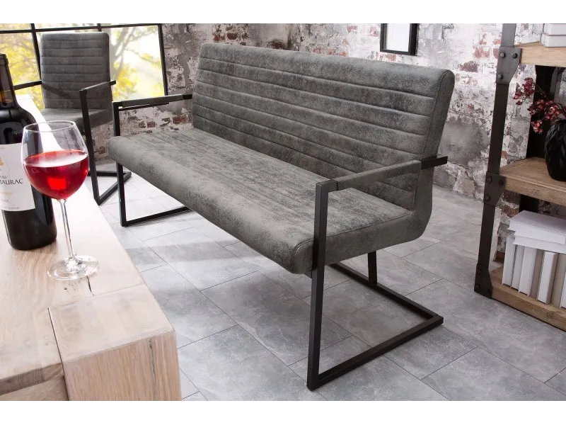 Banc design coloris gris antique en microfibre avec piétement en métal