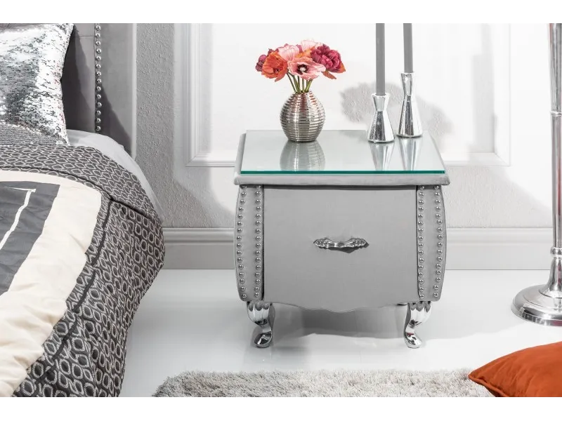 Table de chevet design baroque 47cm avec tiroir gris clair