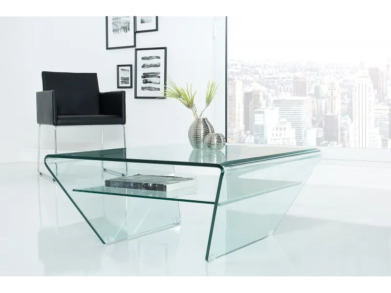 Table basse contemporaine en verre 70cm avec étagère transparente