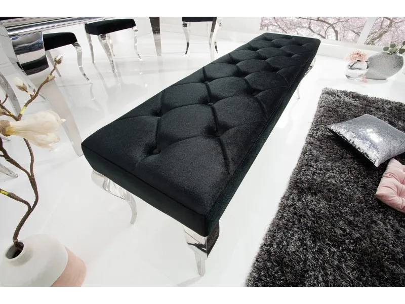 Banquette design BAROQUE 172cm en velours noir et acier inoxydable