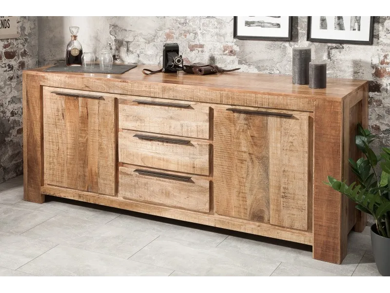 Bahut design industriel de couleur naturelle en bois massif à 2 portes et 3 tiroirs