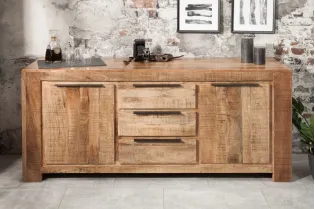 Bahut design industriel de couleur naturelle en bois massif à 2 portes et 3 tiroirs 2