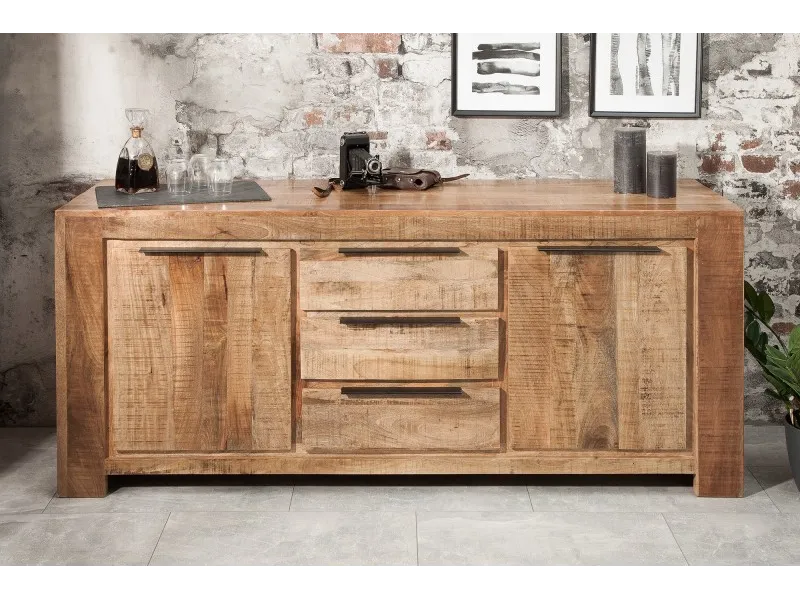 Bahut design industriel de couleur naturelle en bois massif à 2 portes et 3 tiroirs