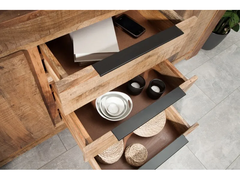 Bahut design industriel de couleur naturelle en bois massif à 2 portes et 3 tiroirs