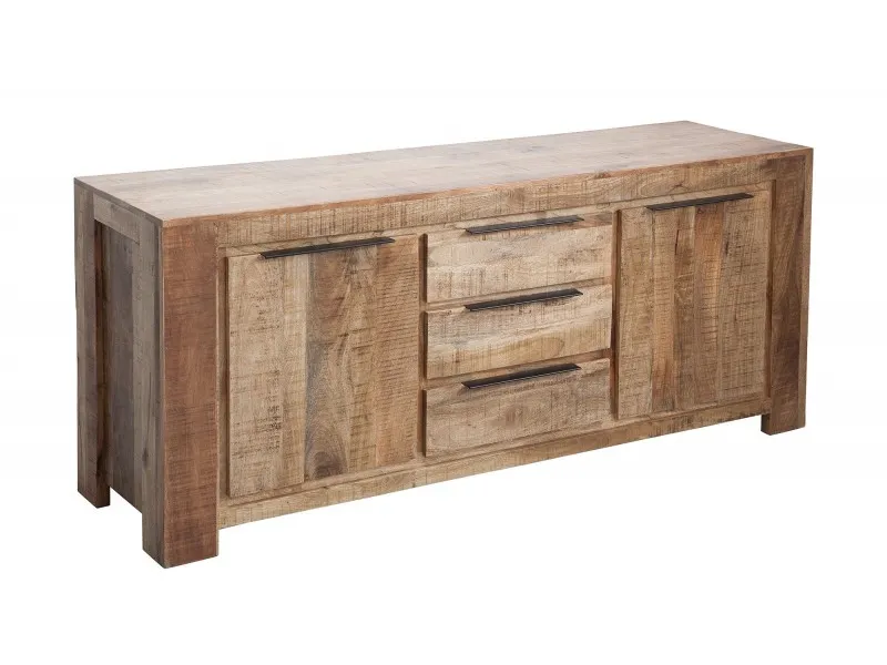 Bahut design industriel de couleur naturelle en bois massif à 2 portes et 3 tiroirs