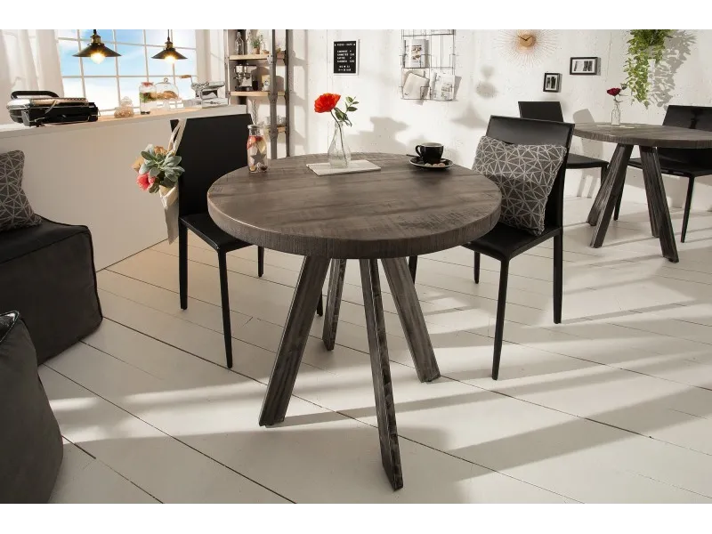 Table à manger 80cm haute de style industriel coloris gris en bois massif et métal