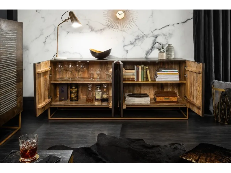 Bahut contemporain à 4 portes en bois massif coloris brun naturel avec pieds en métal doré