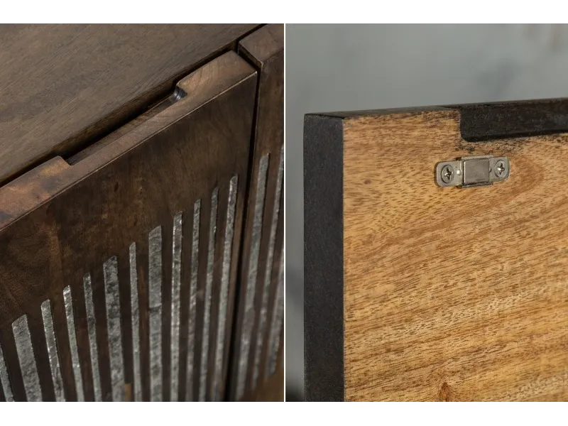 Bahut contemporain à 4 portes en bois massif coloris brun naturel avec pieds en métal doré