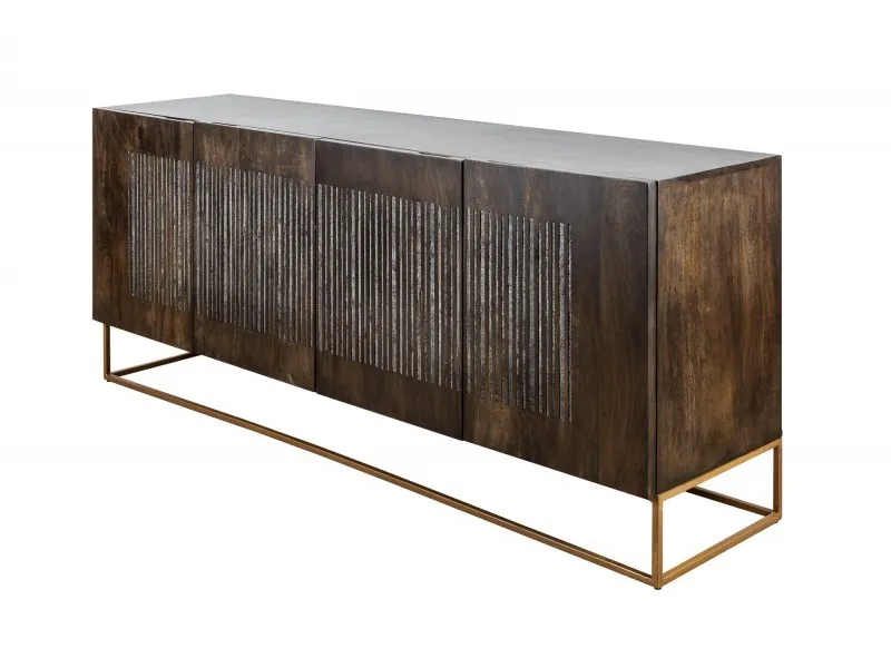 Bahut contemporain à 4 portes en bois massif coloris brun naturel avec pieds en métal doré