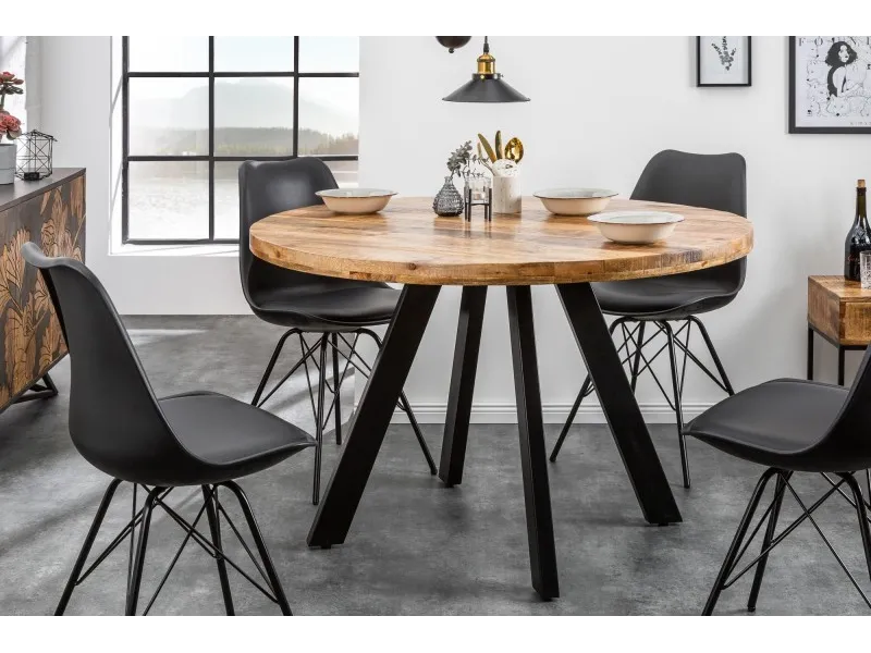 Table à manger design rond de 120 cm coloris naturel et noir en bois massif et métal