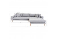 Canapé d'angle droit design coloris gris clair en tissu avec des pieds en bois naturel