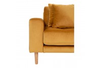 Canapé d'angle droit design en velours jaune moutarde avec des pieds en bois naturel