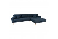 Canapé d'angle droit reversible coloris bleu foncé en tissu avec des pieds en bois naturel