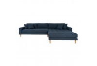 Canapé d'angle droit reversible coloris bleu foncé en tissu avec des pieds en bois naturel