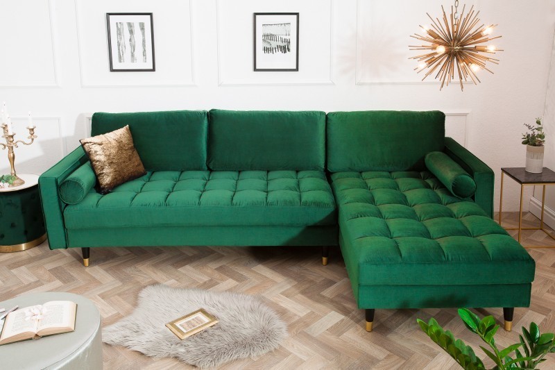 Canapé d'angle VELVET capitonné coloris vert émeraude