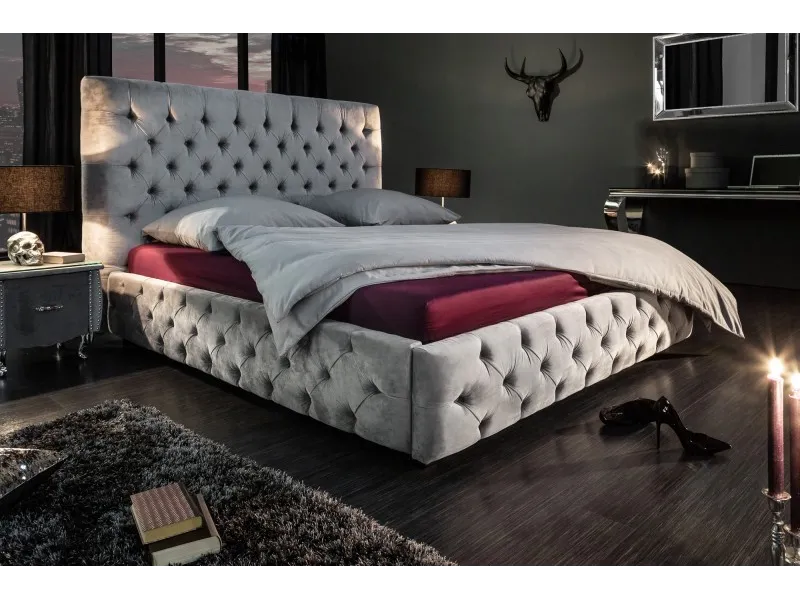 Lit design 180x200cm Chesterfield en velours coloris gris argent