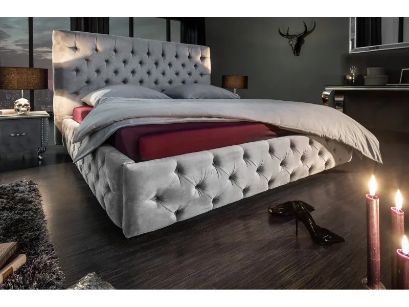 Lit design 180x200cm Chesterfield en velours coloris gris argent