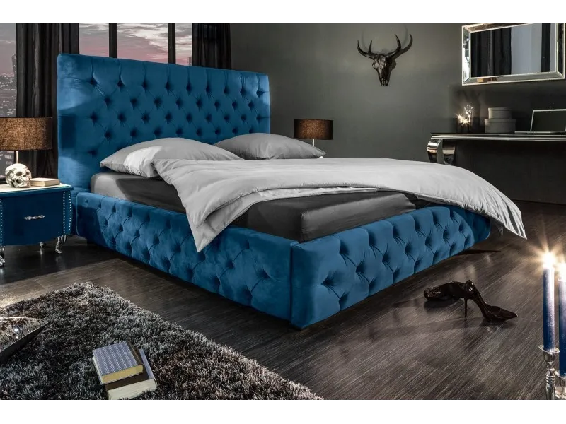 Lit design 180x200cm Chesterfield en velours coloris bleu