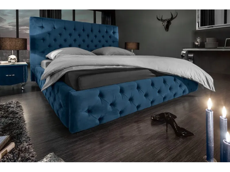 Lit design 180x200cm Chesterfield en velours coloris bleu
