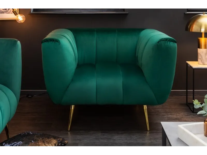 Fauteuil Rétro en Velours Vert Émeraude avec Pieds Dorés