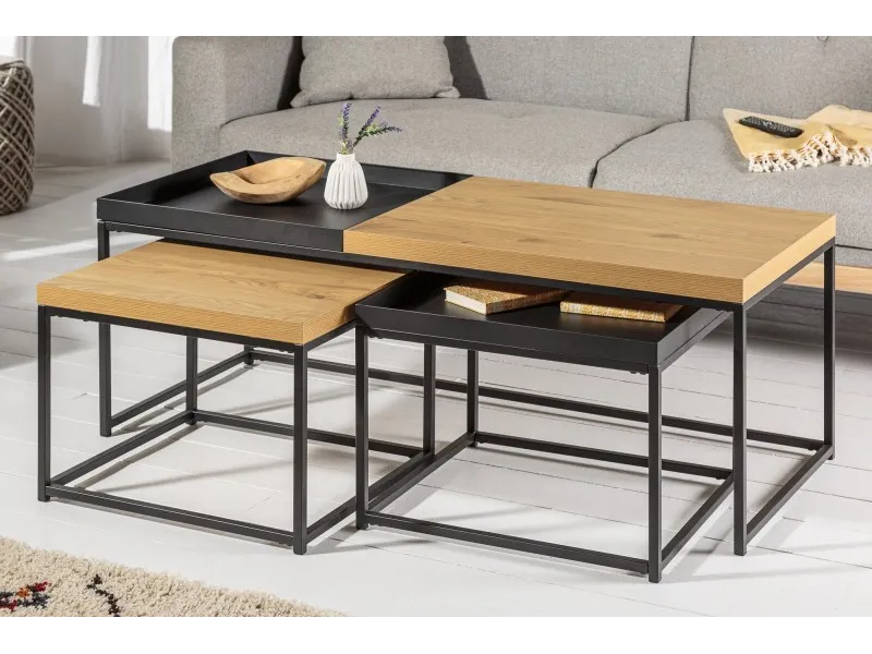 Set de 3 Tables Basses Gigognes en Chêne & Métal Noir