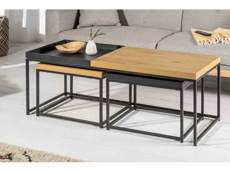 Set de 3 Tables Basses Gigognes en Chêne & Métal Noir