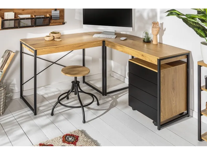 BUREAU D’ANGLE DESIGN INDUSTRIEL EN BOIS MASSIF FORME L