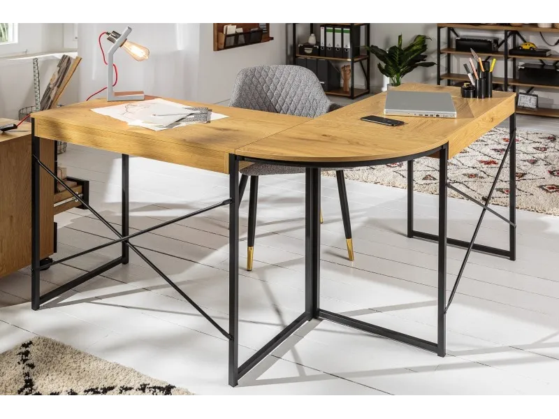 BUREAU D’ANGLE DESIGN INDUSTRIEL EN BOIS MASSIF FORME L