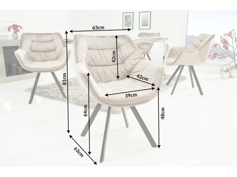 Chaise Rétro en velours coloris champagne avec piétement en métal