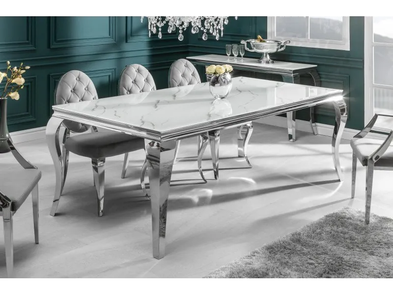 Table design BAROQUE 200cm en acier inoxydable et marbre argenté