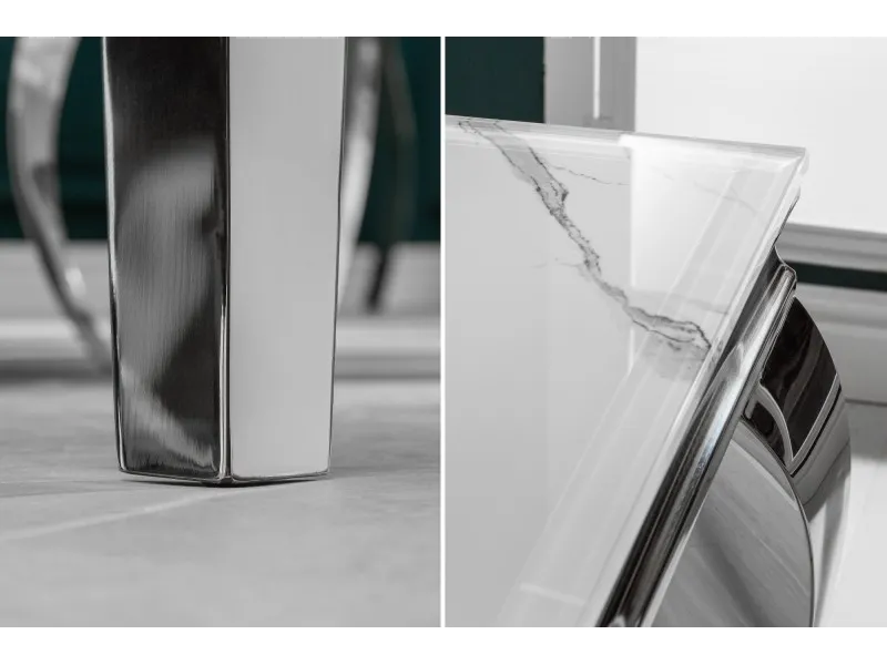 Table design BAROQUE 200cm en acier inoxydable et marbre argenté