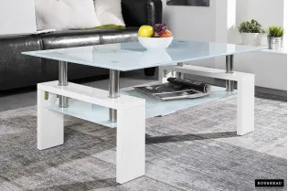 Table basse design coloris blanc laqué avec plateau en verre