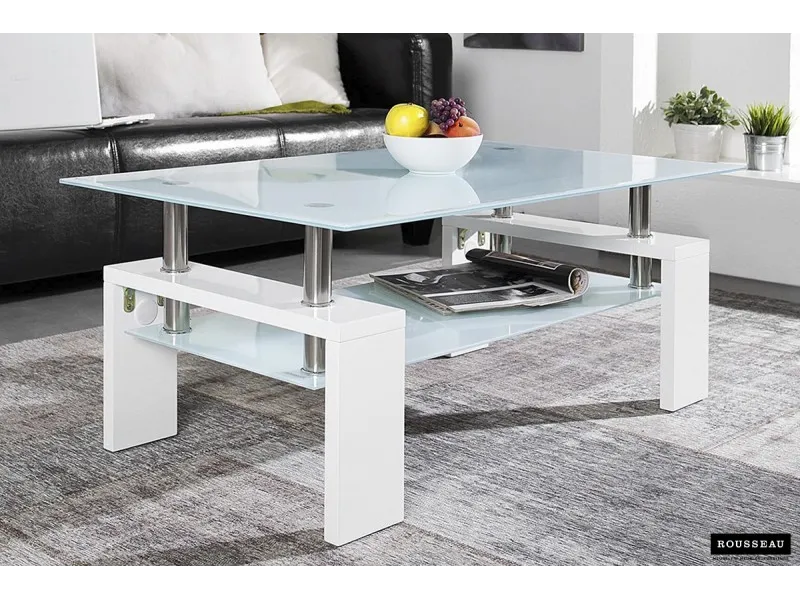 Table basse design coloris blanc laqué avec plateau en verre