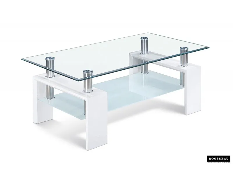 Table basse design coloris blanc laqué avec plateau en verre