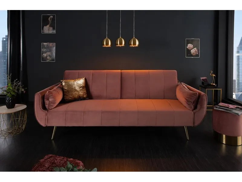 Canapé-lit 215 cm en velours coloris vieux rose doré