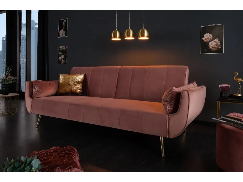 Canapé-lit 215 cm en velours coloris vieux rose doré