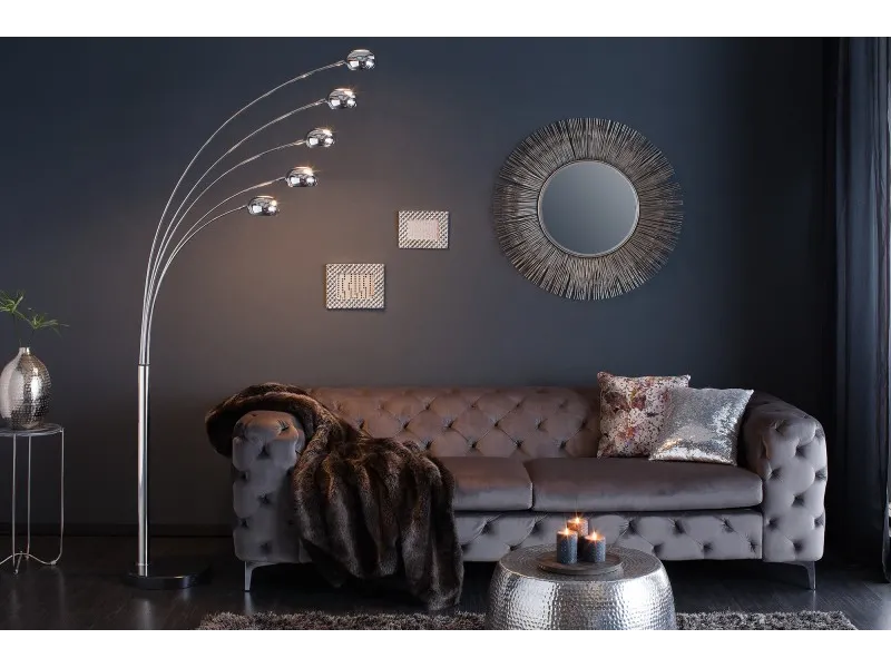 Lampadaire design spot à 5 lampes en métal argenté