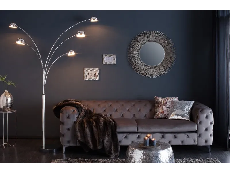 Lampadaire design spot à 5 lampes en métal argenté