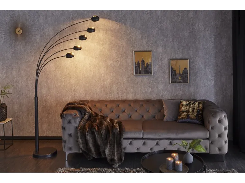 Lampadaire sur pied design arc 5 boules en métal teinté noir et doré