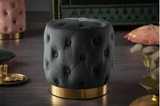 Tabouret Capitonné en Velours Noir avec socle Doré Chesterfield Design