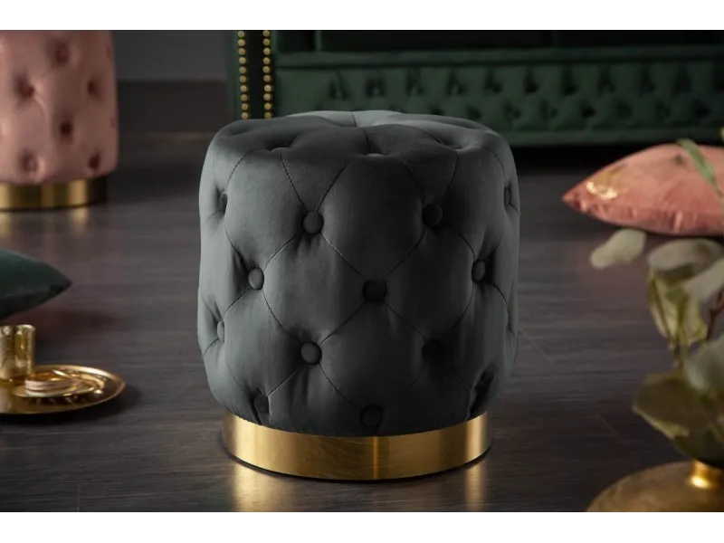 Tabouret Capitonné en Velours Noir avec socle Doré Chesterfield Design