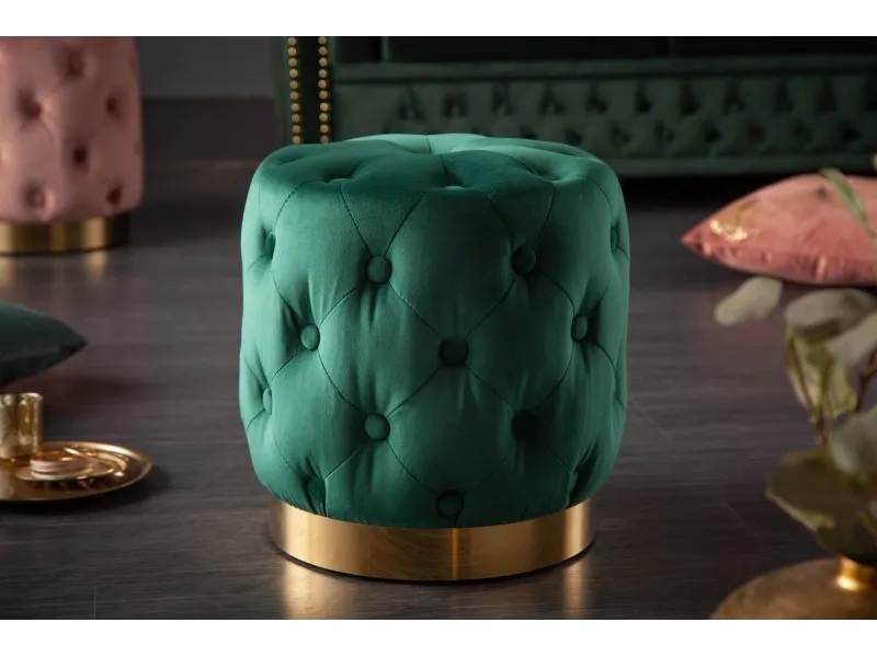 tabouret design baroque capitonné coloris vert foncé et doré