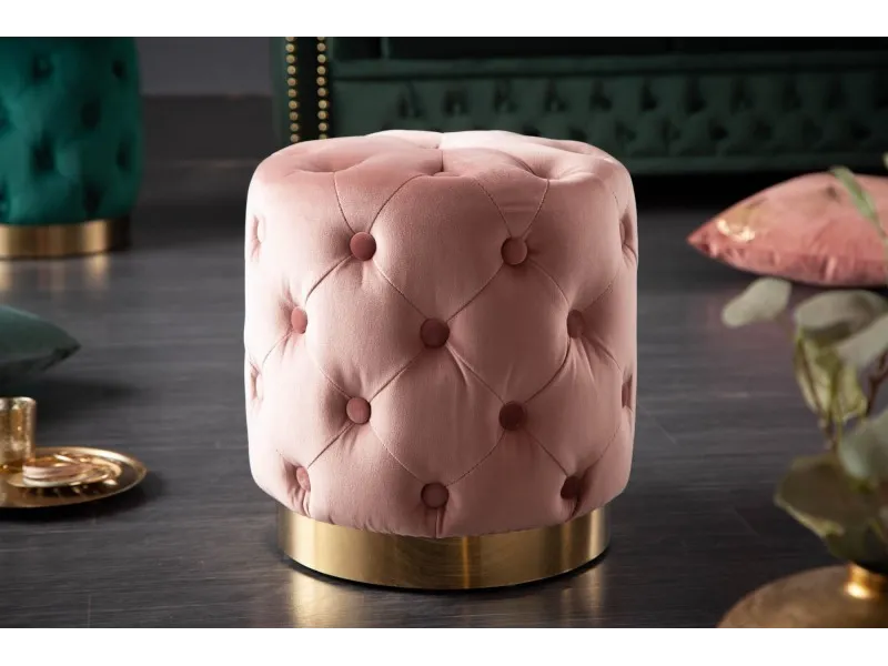 Tabouret de style baroque capitonné en velours coloris rose et doré